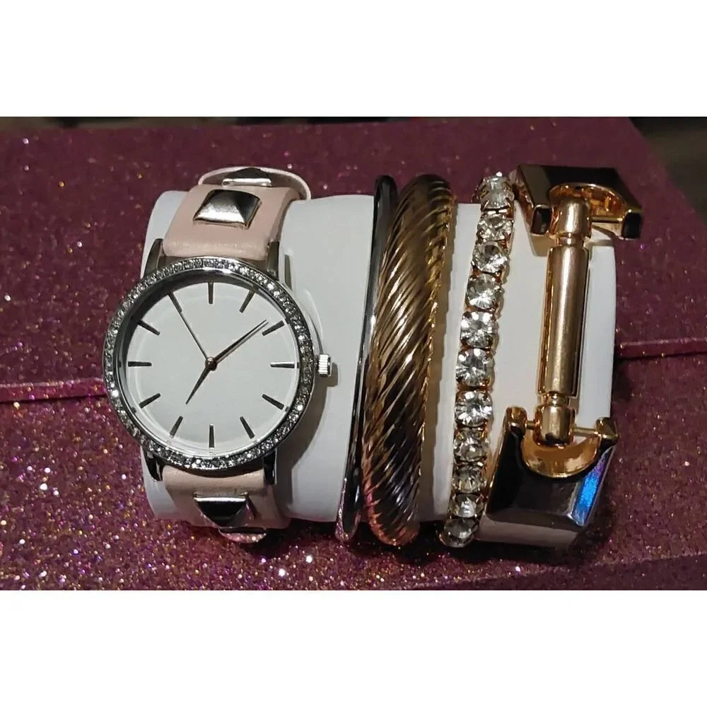 BNIB~Trendy Women's Pink Silver Studded Strap Watch & Bracelet Boxed Set
